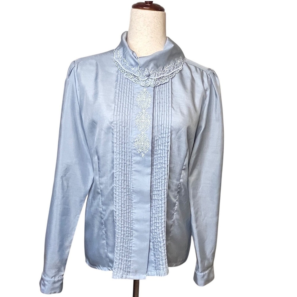 VTG Nicola Blue High Neck Blouse 80s Size 10 Embroidered Pintuck Lace Secretary